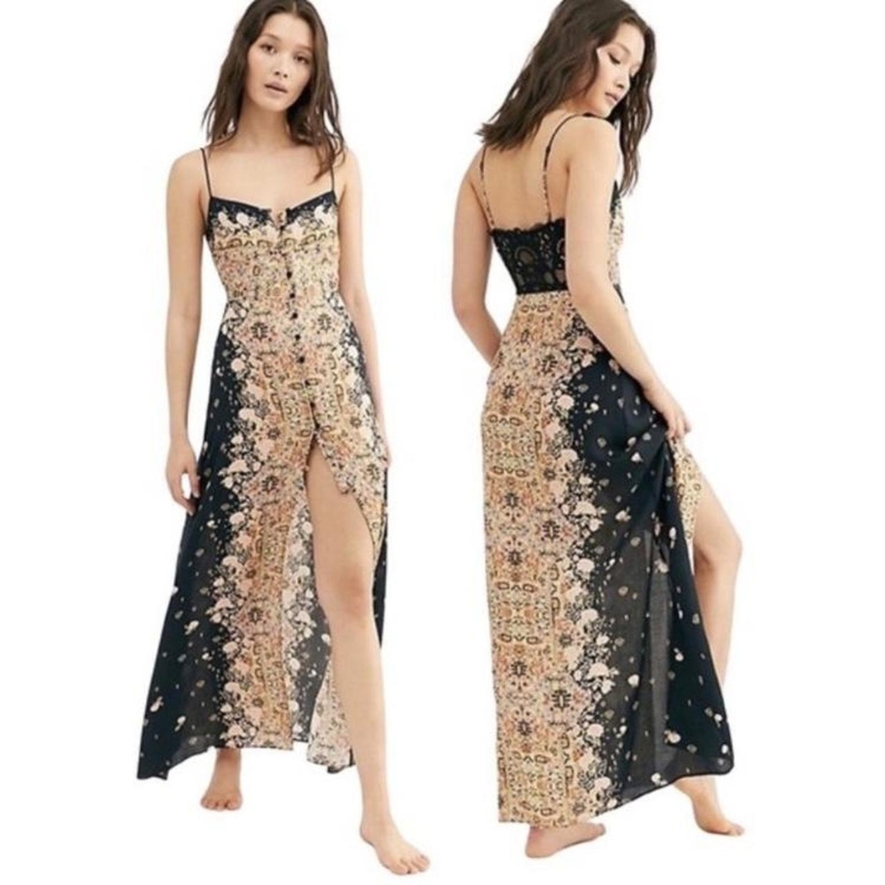 Floral Border Print Spaghetti Strap Maxi Dress - Black/Peach